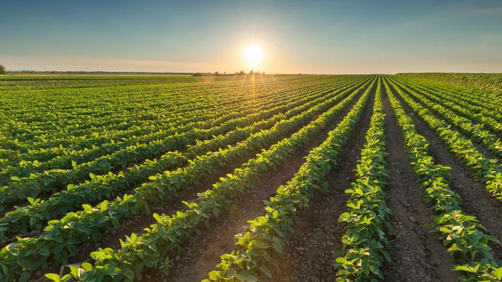 Los productos fitosanitarios nutren hileras de vegetación verde que se extienden por todo el campo.